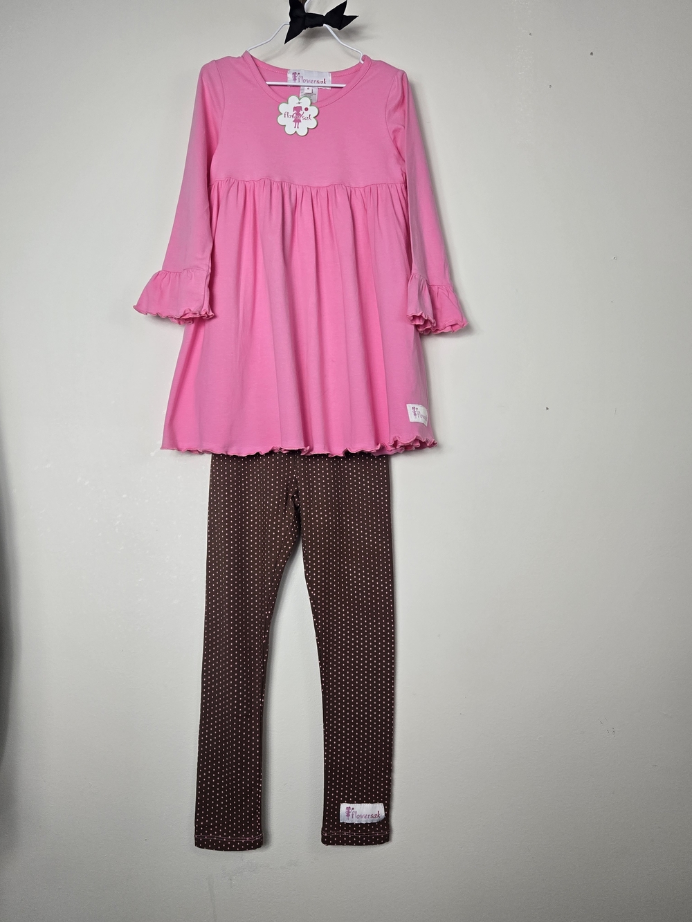 Flowersak Pink Ruffled Top W/ Brown Leggings with Pink Polka Dots